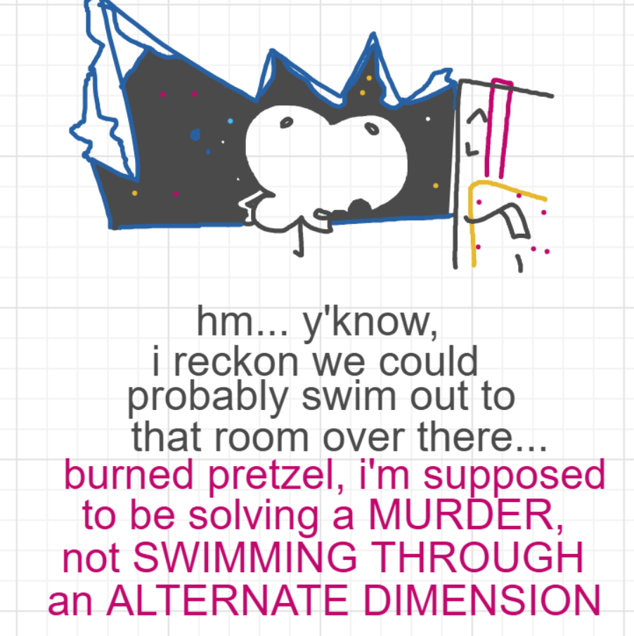 A panel from Murder On The What, episode six of the Board Boards object show by Furretwalk/WalkingFurret.