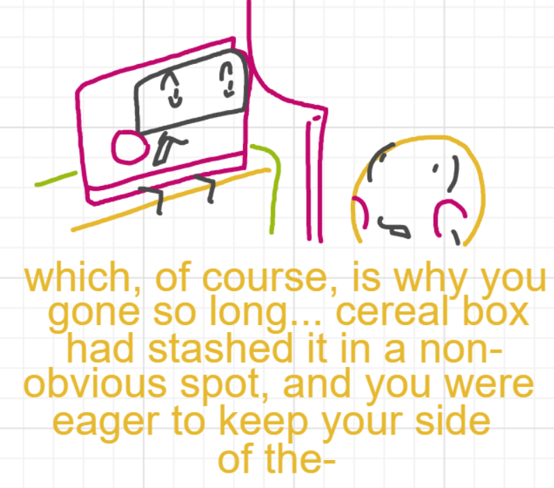 A panel from Murder On The What, episode six of the Board Boards object show by Furretwalk/WalkingFurret.