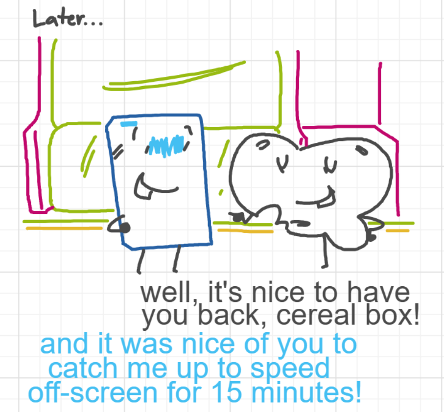 A panel from Murder On The What, episode six of the Board Boards object show by Furretwalk/WalkingFurret.