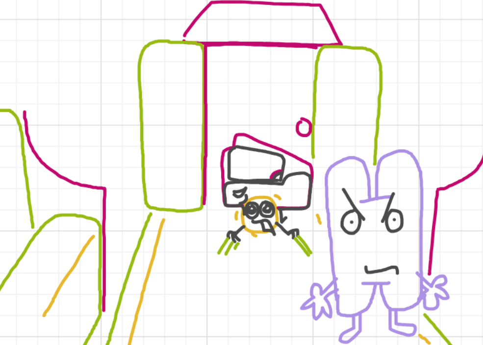 A panel from Murder On The What, episode six of the Board Boards object show by Furretwalk/WalkingFurret.