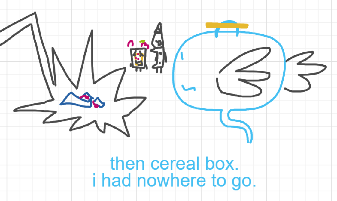 A panel from Murder On The What, episode six of the Board Boards object show by Furretwalk/WalkingFurret.