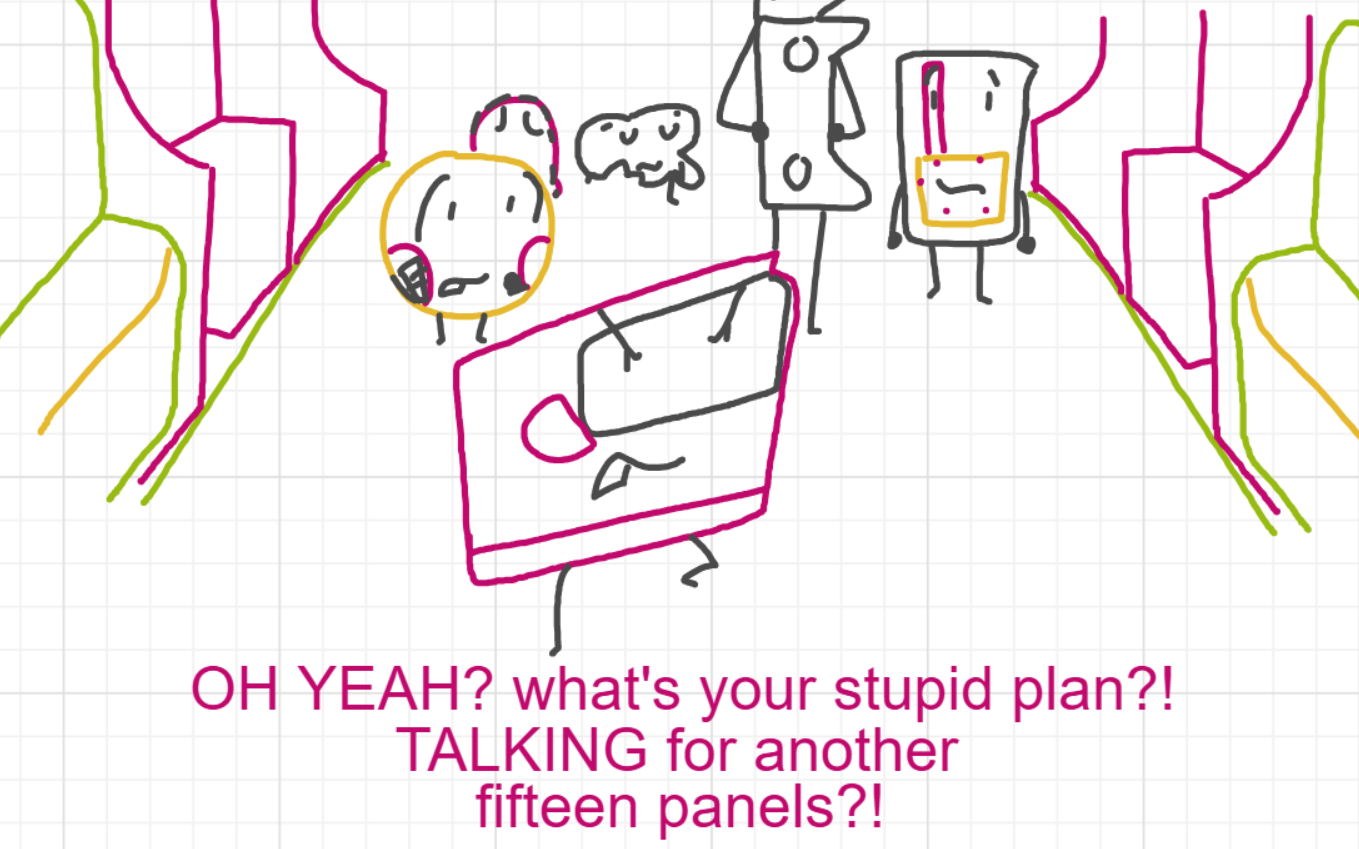 A panel from Murder On The What, episode six of the Board Boards object show by Furretwalk/WalkingFurret.
