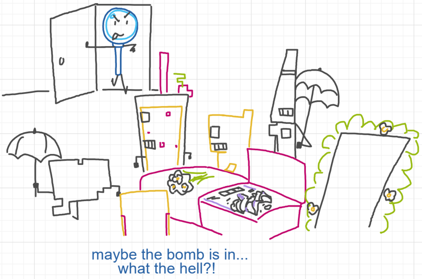 A panel from Murder On The What, episode six of the Board Boards object show by Furretwalk/WalkingFurret.
