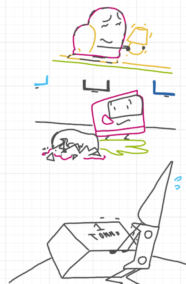 A panel from Murder On The What, episode six of the Board Boards object show by Furretwalk/WalkingFurret.
