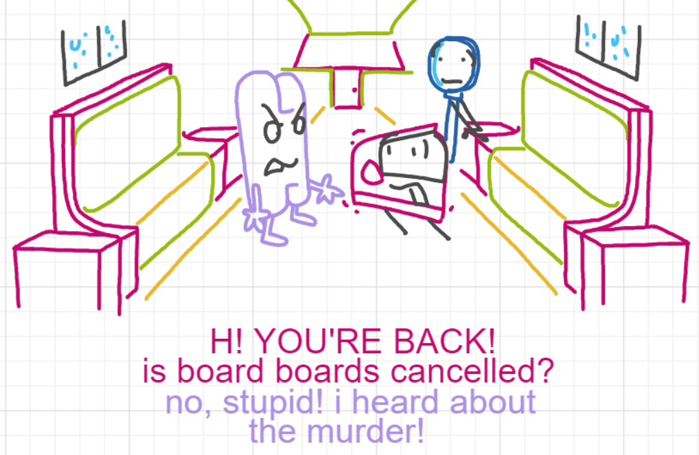A panel from Murder On The What, episode six of the Board Boards object show by Furretwalk/WalkingFurret.